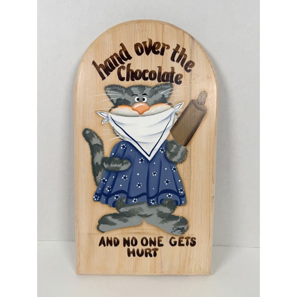 VTG Folk Art Wooden Cat Wall Plaque Hand Painted Funny 13"x7.5"